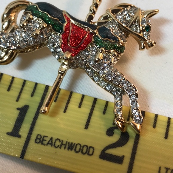 Carnival pony brooch, gold tone, 2 in length, green and red colors - Picture 9 of 9